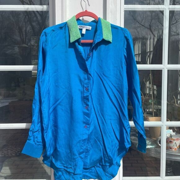 Anthropologie EPIC by JF and Son 100% Silk Beaded Collar Button Down Blouse - Picture 1 of 6